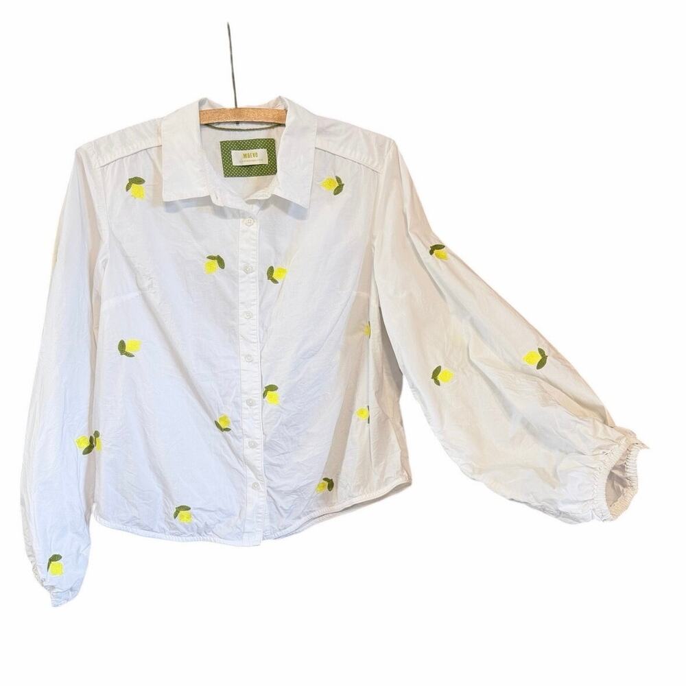 Maeve by Anthropologie white button front long sleeve lemon embroidered top smal